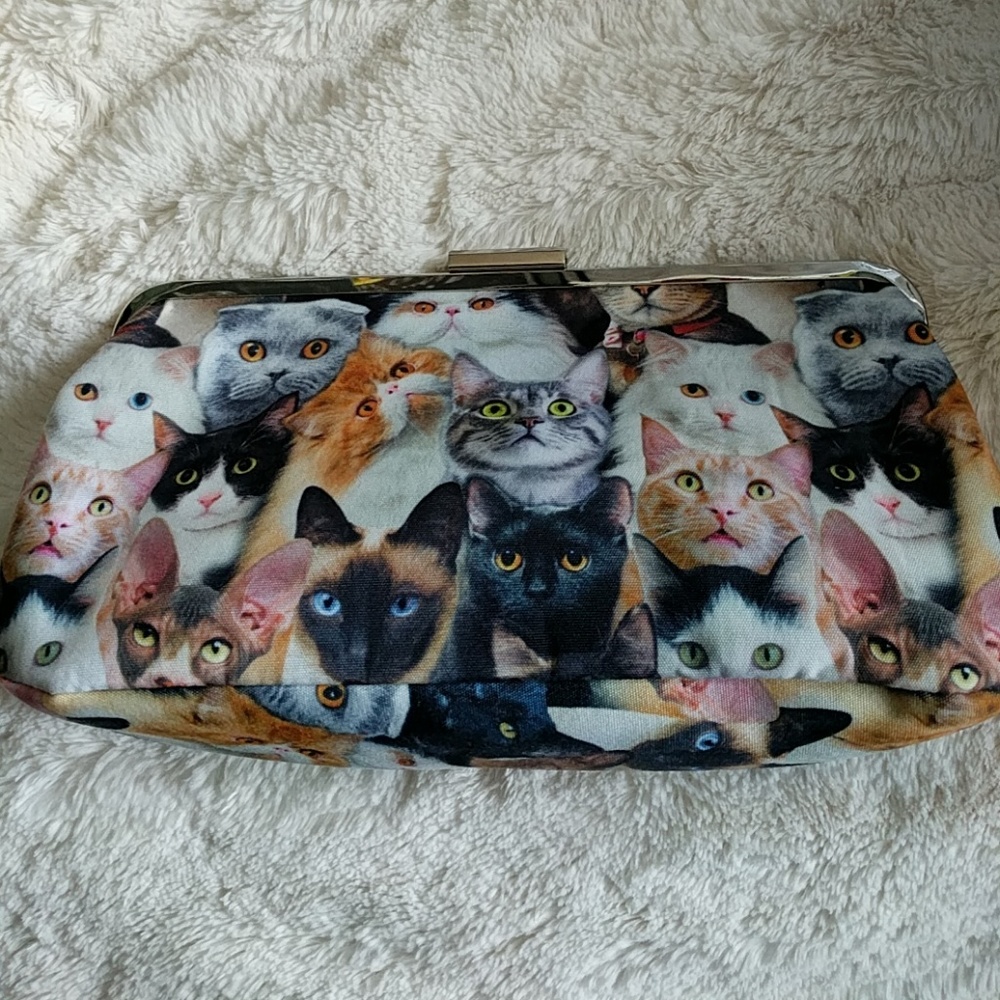 Clutch purse with chain and quirky cat print